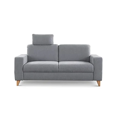 Abbildung von CAVADORE 2,5 Sitzer Sofa Lotta / Skandinavische 2,5er Couch mit Federkern, Kopfstütze und Holzfüßen 183 x 88 Webstoff, Hellgrau