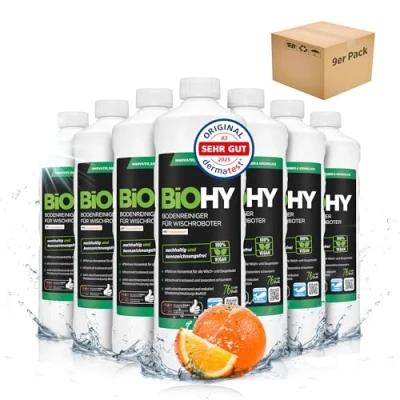 Abbildung von BiOHY Bodenreiniger für alle Wischroboter mit Orangenduft (9 x 1 Liter) Schaumarm &amp; Streifenfrei Reinigungsmittel Konzentrat Böden
