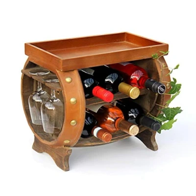 Abbildung von DanDiBo Weinregal Holz Weinfass Braun 33 cm 9064 Bar Flaschenregal Flaschenständer Klein Fass Holzfass mit Glashalter