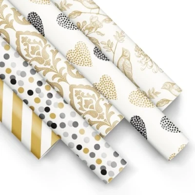 Abbildung von PAW Geschenkpapier 200x70cm 5 Rollen Mix aus Motiven Elegante Papierrolle für Geburtstage, Hochzeiten, Babypartys, Partys und Geschenke Schwarz goldene Muster