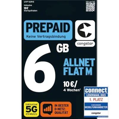 Abbildung von congstar Prepaid ALLNET M SIM Karte ohne Vertrag I Allrounder Paket in D Netz Qualität 4 GB LTE mit 25 Mbit/s + 10 Startguthaben Telefonie &amp; SMS Flat alle dt. Netze EU Roaming inkl.