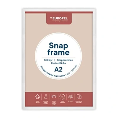 Abbildung von Europel leichte Klapprahmen DIN A2 mattweiß pulverbeschichtet, Easy Click System, Profil 25x11 mm, eloxierte Aluminium und blendfreie Schutzfolie, Außenmaß 625x872 grau Polystyrol Rückseite