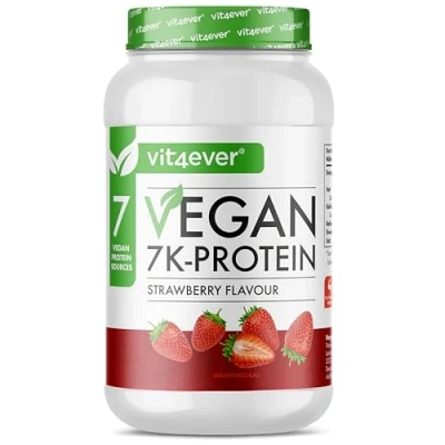 Abbildung von Vegan 7K Protein 1kg Erdbeere Rein pflanzliches Eiweißpulver mit Reis , Mandeln Soja Erbsen Hanf Cranberry Sonnenblumenprotein