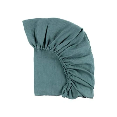 Abbildung von KraftKids Spannbettlaken Musselin nilblau aus 100% Baumwolle in Größe 120 x 60 cm, handgearbeitete Matratzenbezug gefertigt der EU