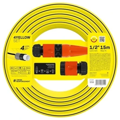 Abbildung von Cellfast Set Gartenschlauch YELLOW, Leicht, Strapazierfähig, 4 lagig, Regner, UV und Algenfest, Verwindungsfestigkeit, REACH Technologie, 20 bar, 10/+50 Verschluss: 1/2&quot;, 15m