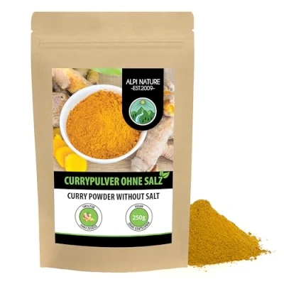 Abbildung von Currypulver indisch Madras (250g), suess ohne Salz, mild, typisch indische Gewürzmischung, wiederverschließbare Verpackung