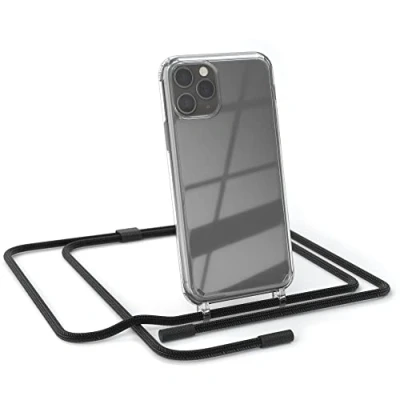 Abbildung von EAZY CASE kombinierbare Handyketten kompatibel mit iPhone 11 Pro, Transparente Silikon Hülle rundem Umhängeband, abnehmbar durch abschraubbare Endstücke, Band, Umhängetasche, Schwarz