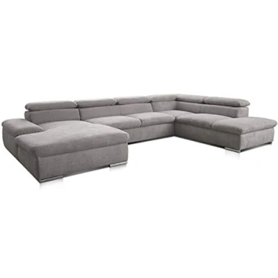 Abbildung von Cavadore Wohnlandschaft Alkatraz im modernen Design / U Form mit Longchair links und Ottomane rechts Inkl. Kopfteilverstellung 350 x 73 226 Hellgrau