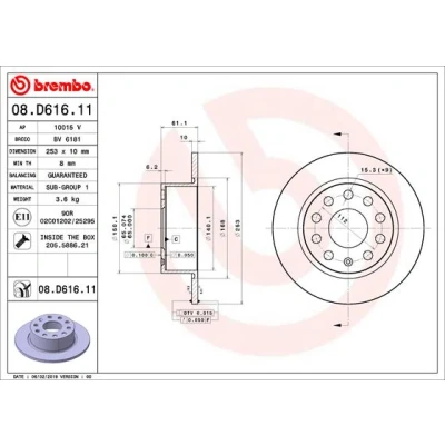 Abbildung von BREMBO 08.D616.11 Bremsscheibe 253 10 9 voll beschichtet mit Schrauben SKODA: Octavia 3 Schrägheck, Combi