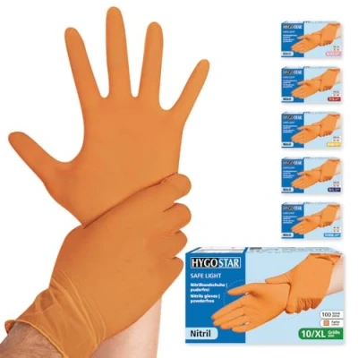 Abbildung von Franz Mensch Hygostar Nitrilhandschuhe Safe Light puderfrei, orange, 10/XL, 24cm, 100 Stück, Einweghandschuhe, Einmalhandschuhe, in Gr. XS, S, M, L, XL &amp; XXL verfügbar