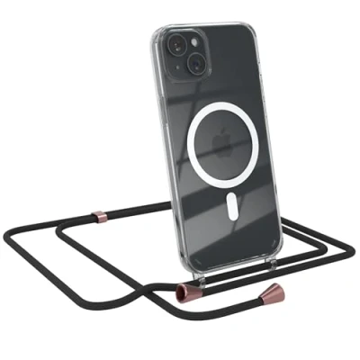 Abbildung von EAZY CASE Handykette kompatibel mit iPhone 15 Plus Kette zum Umhängen Stoßfest Handyhülle für Silikon Hülle Band Handytasche Transparent als Fallschutz in Schwarz Clips Rosé