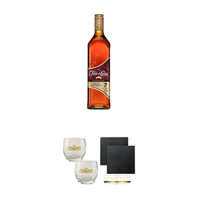 Abbildung von Flor de Cana Grand Reserva 7 Jahre Nicaragua 0,7 Liter + Ron Cubaney Rum Tumbler 2 Stück Schiefer Glasuntersetzer eckig ca. 9,5 cm Ø