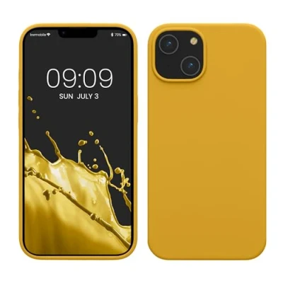 Abbildung von kwmobile Hülle für das iPhone 14 dünnes Silikon Handy Case stoßfeste Handyhülle mit weicher Oberfläche unterstützt kabelloses Laden Honiggelb
