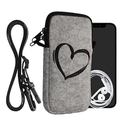 Abbildung von kwmobile Handytasche für Smartphones XXL 7&quot; Filz Handy Hülle Schwarz Hellgrau Tasche mit Kette 17,7 x 8,5 cm Innenmaße Herz Brush