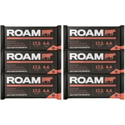 Abbildung von ROAM Natürliche Protein Riegel, Mahlzeit Ersatz Keto 6 x 45g Rindfleisch Riegel &amp; gesunde Snacks, Ideal für Fleischfresser Diät (6 Bars, Geräuchert Paprika, Mandeln und Cranberry)