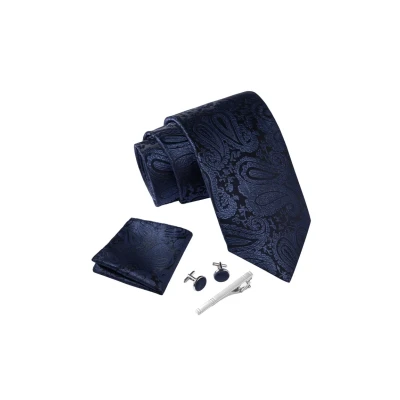 Abbildung von Massi Morino Krawatte Paisley Dunkelblau mit Einstecktuch Set Herren inkl. Manschettenknöpfe, Krawattennadel und Geschenkbox Männer Krawattenset