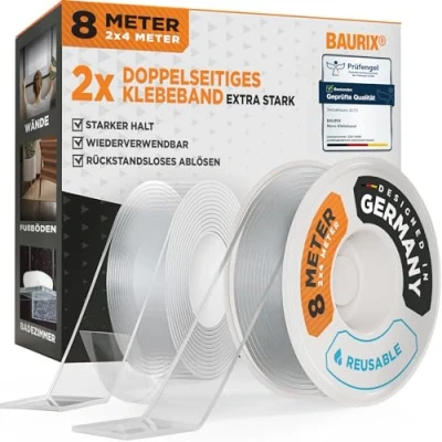 Abbildung von BAURIX® Nano Tape Doppelseitig [2X4m] I Doppelseitiges Klebeband Extra Stark Waschbares Alien Silikon Transparent