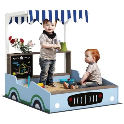 Abbildung von AIYAPLAY Sandkasten Sandkiste mit Vordach, Sitzbank, Zeichentafel, Pflanzkästen, (Einkaufsladen Design, 1 tlg., für 2 Kinder im Alter von 3 7 Jahren), Tannenholz, Blau