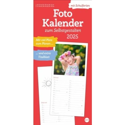 Abbildung von Fotokalender zum Selbstgestalten 2025: Blanko Kalender mit Monatskalendarium, Titelblatt Selbstgestalten, viel Platz für Notizen und Schulferien. (Foto /Bastelkalender Heye)