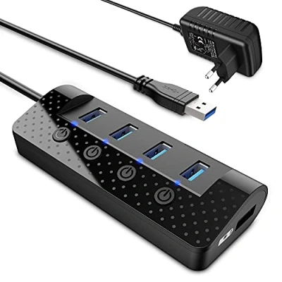 Abbildung von atolla USB Hub Aktiv 3.0 mit Netzteil, 4 Port 5Gbps Datenhub Einzelnen Power Schalter und 1 Intelligenter Charging Port, 15W(5V/3A) Netzteil Adapter