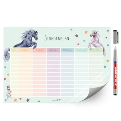 Abbildung von Stundenplan Pferd und Pony I abwischbar mit selbstklebender Rückseite in Pastell Farben DIN A4 zum Schulanfang für Mädchen wiederbeschreibbar dv1053