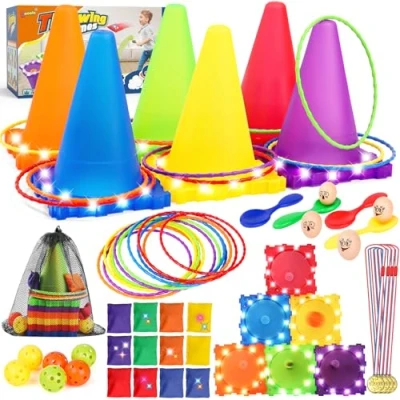 Abbildung von Eocolz 49 teiliges Karnevalsspiele Kombi Set für Kinder im Freien mit LED Licht, Kunststoffkegeln, Hindernisparcours, Sitzsäcken, Bällen, Ringwurfspiel, Eierlauf, Rasenspiel Geburtstagsfeier/Ostern