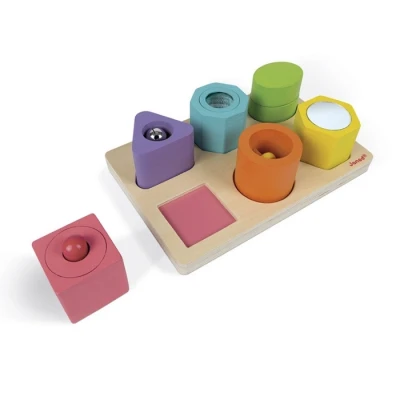 Abbildung von Janod I Wood Sensorik Puzzle aus Holz mit 6 Steinen, Lernspielzeug, zum Erlernen von Formen und Farben, Farbe auf Wasserbasis, FSC zertifiziert, ab 1 Jahr, J05332