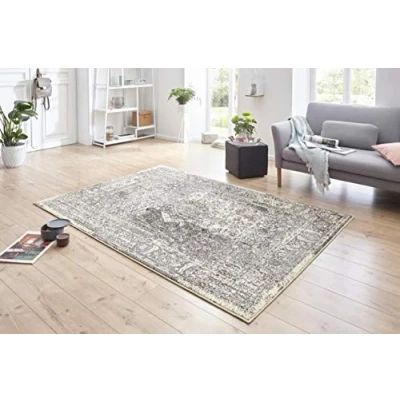 Abbildung von Hanse Home Teppich Plume Used Look Kurzflor Modern Vintage Design Teppiche für Esszimmer, Wohnzimmer, Kinderzimmer, Flur, Schlafzimmer, Küche Grau Creme 160x230cm