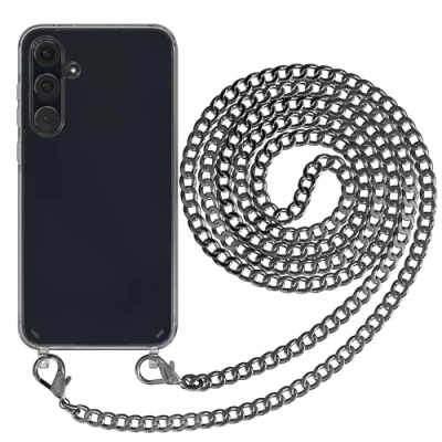 Abbildung von EAZY CASE Handykette kompatibel mit Samsung Galaxy A55 Kette zum Umhängen für Hülle Band aus Silikon stoßfeste transparente Handyhülle als Fallschutz in Metall Anthrazit