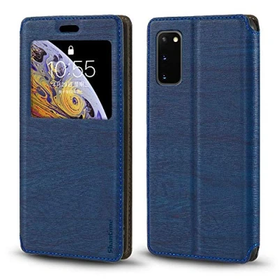 Abbildung von Schutzhülle für Samsung Galaxy S20 FE 5G, Holzmaserung, Leder, mit Kartenhalter und Fenster, magnetisch, Flip Cover Fan Edition