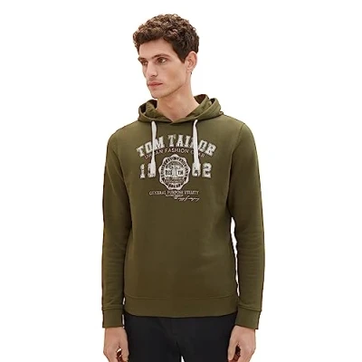 Abbildung von TOM TAILOR Herren 1039896 Basic Hoodie mit Logo Print, 13050 Olive Night Green, M