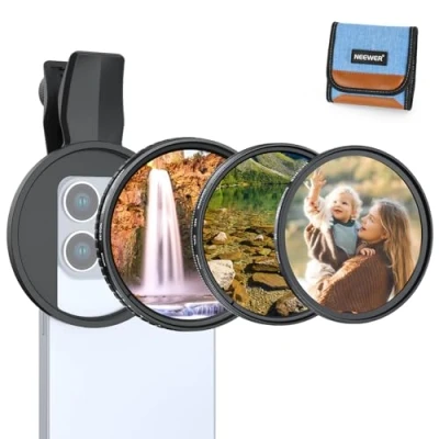Abbildung von NEEWER 67mm Variables ND Filter Set, kompatibel mit iPhone, 3er Pack, Clip On CPL Zirkular Polfilter + ND2 32 Graufilter Black Diffusion 1/4 Filter, Handy Kamera Objektivfilter, Fotozubehör, FL B37
