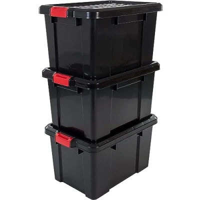 Abbildung von Iris Ohyama, Plastik Aufbewahrungsboxen mit Deckel und Clipverschluss, 50L, 3er Set, Stapelbar, Ineinandergreifend, BPA frei, Dachboden, Schuppen, Garage, SK 450, Schwarz