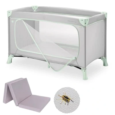 Abbildung von Hauck Baby Reisebett Set Dream n Play Plus mit Matratze und Moskitonetz faltbares Kinder Babyreisebett Tasche großem Eingang Dusty Mint