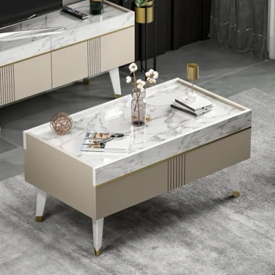Abbildung von Homidea KARYA Wohnwand Wohnzimmer TV Set Schrank Lowboard Fernsehtisch Möbel mit 3 Türen in modernem Design (Couchtisch Beige/Marmor)