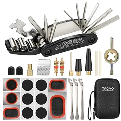 Abbildung von TAGVO Fahrradwerkzeug Kit, 16 in 1 Fahrrad Multifunktionswerkzeug mit Patch Kit und Reifenheber, Fix Tool Bike Cycling Repair Tools Bundle, Zyklus Wartungs Kits Beutel