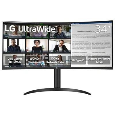 Abbildung von LG 34WR55QK B VA UltraWide WQHD (3440 x 1440), Curved Monitor, 100 Hz, 5 ms, HDR10, Lesemodus, HDMI, DisplayPort, USB Typ C, verstellbare Neigung/Höhe, Schwarz