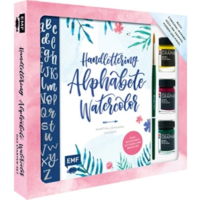 Abbildung von Handlettering Alphabete Watercolor Das Starter Set Feine Buchstaben mit Pinsel und Brush Pen: Buch, 3 original Marabu Aqua Ink Graphix Farben