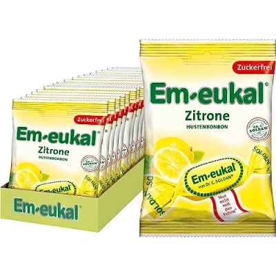 Abbildung von Em eukal Hustenbonbons Zitrone mit Vitamin C, Zuckerfrei &amp; laktosefrei, Lutschbonbons Mentholnote, 20 x 75 g