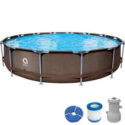 Abbildung von Frame Pool Komplettset rund 427x84 cm braune Rattanoptik mit Filterpumpe