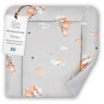 Abbildung von Wickelauflage Wickelunterlage aus Baumwolle 75x72 cm Weich und waschbar für Babys Wickelmatte Stoff Wickeltisch Wickelkommode oder Waschmaschine 75 x 72 Kaninchen