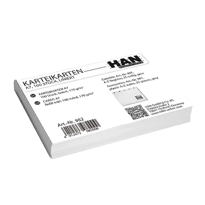 Abbildung von HAN Karteikarten DIN A7 quer, Karteikarton 170 g/m², für Lernboxen, liniert zum lernen, Vokabeln, Notizen, Schule, Büro, Universität, 982, weiß