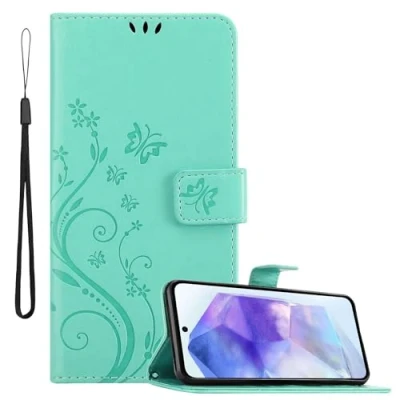 Abbildung von Cadorabo Hülle kompatibel mit Samsung Galaxy A55 in FLORAL TÜRKIS Schutzhülle im Blumen Design Magnetverschluss, Standfunktion und Kartenfächern