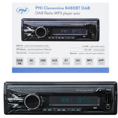 Abbildung von DAB MP3 Autoradio PNI Clementine 8480BT, 4x45w, 12 / 24V, 1 DIN, mit SD, USB, AUX, RCA, Bluetooth und USB 1.5A zum Aufladen des Telefons