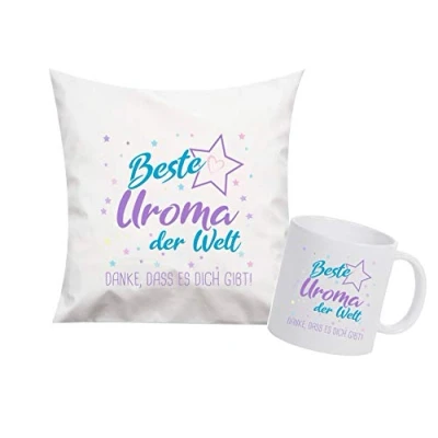 Abbildung von ShirtInStyle, Geschenkset, beste Uroma der Welt, danke das es dich gibt! Kissen und Tasse als Set Farbe weiß