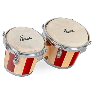 Abbildung von XDrum Bongos Retro 2 Trommeln mit 16,5 cm (6,5&quot;) und 19 (7,5&quot;) Durchmesser Bongotrommeln stimmbaren Naturfellen Stimmschlüssel Holztrommeln Naturfarben roten Streifen