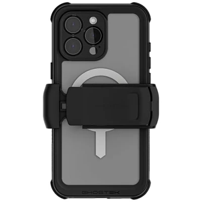 Abbildung von Ghostek Nautical Wasserdichte Schutzhülle für Apple iPhone 16 Pro Max mit Holster, Gürtelclip, Bildschirm und Kameraschutz, MagSafe kompatibel, robuste, robuste Hülle (17,5 cm, transparent)