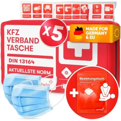 Abbildung von PURAHELP 5x KFZ Verbandstasche nach aktueller Norm 2025 DIN 13164 (StVO konform) Inkl. Beatmungstuch Erste Hilfe Set Auto Verbandskasten