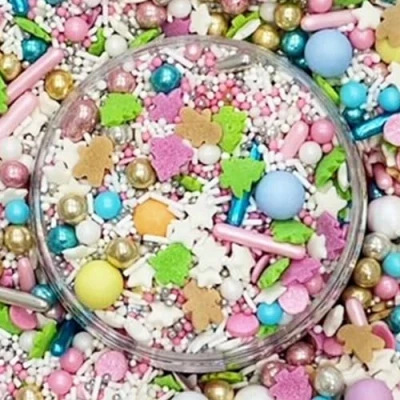 Abbildung von STREUSEL Weihnachten Christmas Party 180g weiss grün blau rosa gold silber GLÜCK Weihnachtsstreusel Zuckerstreusel Sprinkles bunte Tortendeko Plätzchen verzieren Kuchenstreusel