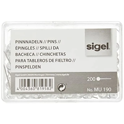 Abbildung von SIGEL MU190 Pinnnadeln, Kunststoffkopf, transparent, 200 Stück, mit großem transparenten Kunststoffkopf (Ø 6 mm) und fester Stahlspitze, insgesamt 2,1 cm lang